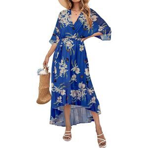 Floral Boho 3/4 Sleeve Wrap V Neck Flowy Loose Dress, Size XL, 15H-1311D004